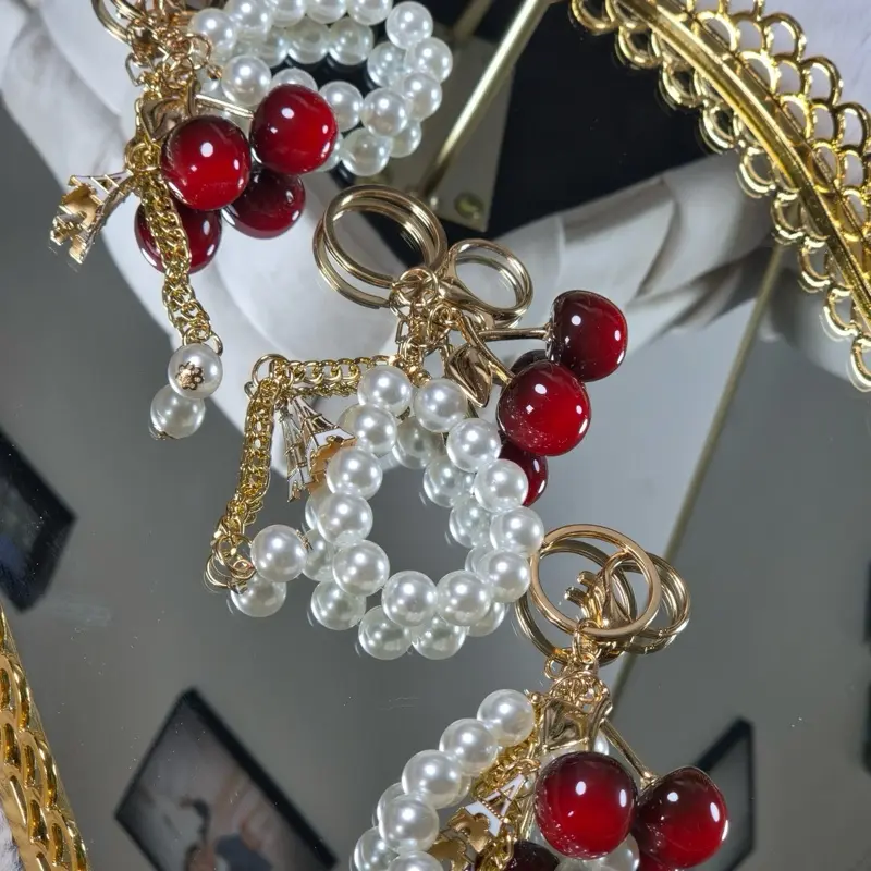 Cute Cherry Pearl keychain bag charm with Eiffel Tower