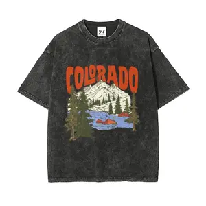 Vintage Colorado Mountains Print Tee for Women, Retro Acid Washed Heavyweight Cotton T-Shirt, Y2K Grunge Aesthetic Oversized Graphic Top