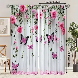 2-piece set of Nordic style wooden texture background rose butterfly curtains, durable semi transparent polyester material curtains, suitable for bedrooms/living rooms/study rooms, ideal for home decoration