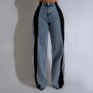 Summer New Streetwear Denim Pants Fashion High Waist Elastic Three Stripe Patchwork Wide Leg Pant Color Block Straight Trouser Jean Womenswear