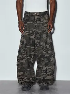 1pc Retro American Style Patchwork Design Washed Denim Cargo Pants, Casual Loose Fit Wide Leg Trousers (Excluding Belt And Accessories)