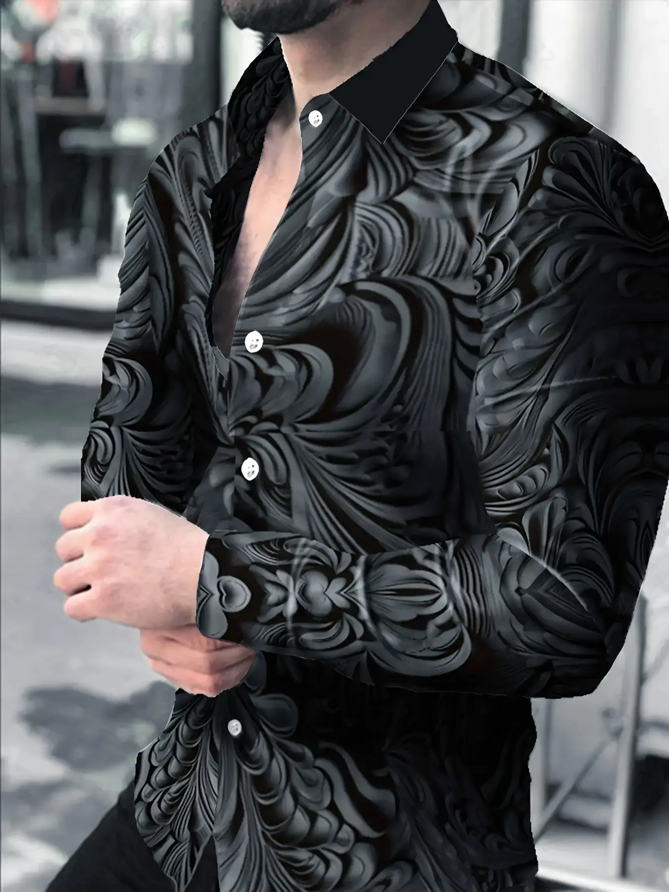Men's Trendy Textured Long Sleeve Shirt, Spring & Fall Fitted Artistic Dark Style, Casual Striped Design, Comfortable Daily Wear
