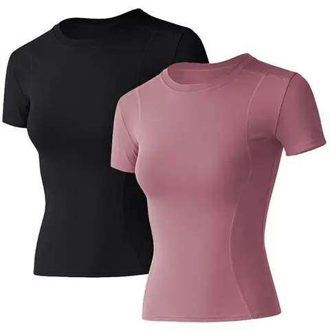 LOMON Women's 2-Pack Tight Crew Neck Compression Athleisure Gym Clothes, 4-way Stretch Move Quick-Dry Fitness Workout Shirt & Tops for Yoga, Running,sohochic
