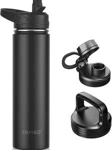 CIVAGO 24 oz Insulated Water Bottle with Straw, Stainless Steel Travel Flask, Black, 3 Lids (Straw, Spout & Handle), Double Walled, Leakproof