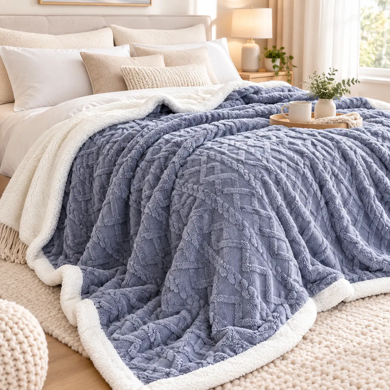 Raybee Double Sided Faux Fur Fluffy Reversible Warm Breathable Home Textile Multifunctional Anti-Static Microfiber Blanket - 410GSM, 60"x80", Couch Body-Warmer, Birthday/Housewarming Gift, Breathable Blanket, Home Textile Blanket