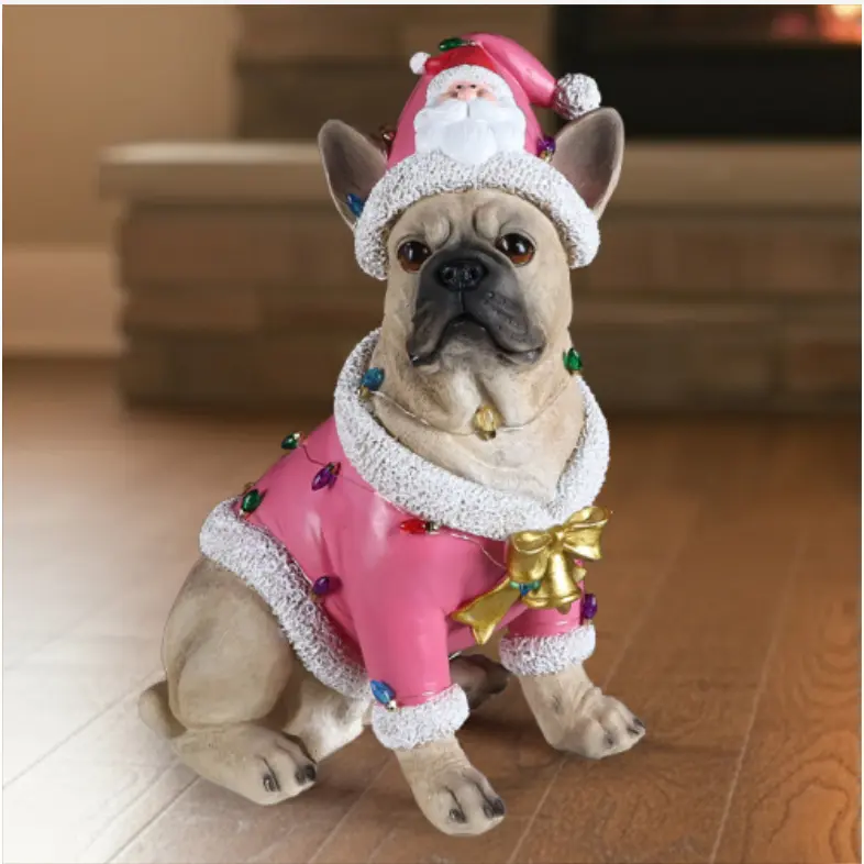 LED Light Up Pink Christmas French Bulldog Figurine, Resin Santa Frenchie Statue, Indoor Outdoor Christmas Ornament, Holiday Gift for French Bulldog Lovers