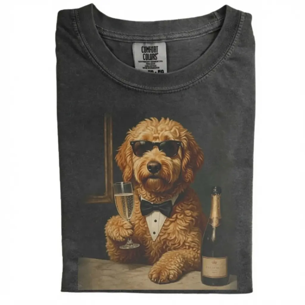 Funny Goldendoodle Drinking Champagne Comfort Colors T-Shirt, Vintage 90s Edgy Dog Graphic Tee, Casual Streetwear, Unisex Fit Design, Gift for Dog Lovers