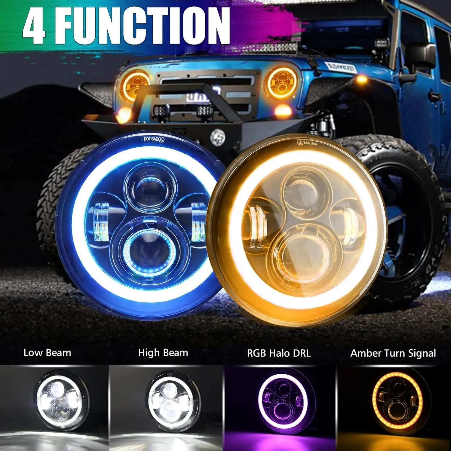 7-Inch RGB LED Headlights with Halo Ring & DRL Daytime Running Lights Combo Kit, Compatible with Jeep Wrangler JK TJ LJ Offroad Headlamp Assembly fathersdaygift, Led Front Lights, Led Headlamps