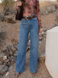 Women's Fitted Vintage Fashion Jeans, Rhinestone Embellished Straight Leg Pants, All-Seasons Casual Wide-Leg Trousers, Elegant Plain Design, Womenswear