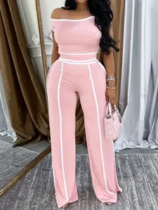 Women's Striped Print Pants & Top Set, High Waist, Basic Casual Lightweight Breathable Fitted Two-piece Outfits for Daily Outdoor Wear, Ladies Shortsleeve Clothes for Summer, Asymmetrical Neck Set, Matching Set