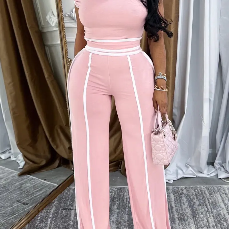 Women's Striped Print Pants & Top Set, High Waist, Basic Casual Lightweight Breathable Fitted Two-piece Outfits for Daily Outdoor Wear, Ladies Shortsleeve Clothes for Summer, Asymmetrical Neck Set, Matching Set, Fashion Style Sets