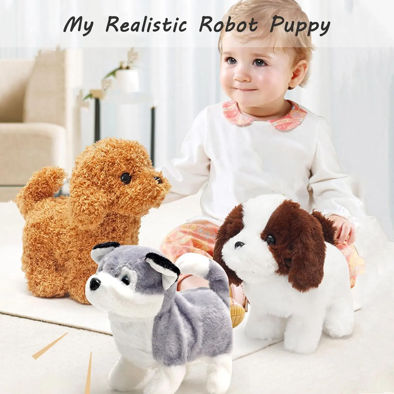 Hug-Soft Plush Interactive AI Robot Puppy - Pet Supply Toy Dog with Walking, Barking, Tail Wagging Moves, Companion for Kids, Entertainment for Traveling, Portable Gift with Stretches Feature