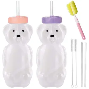 Honey Bear Straw Cups,Juice Bear Bottle Drinking Cup Long Straws with 4 Flexible Straws & Cleaning Tools, 8-Ounce , Bottled Reusable Washable Portable glass  to go