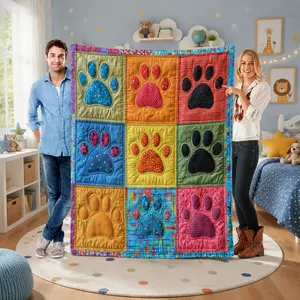 【2D】Colorful Paw Print Flannel Blanket – Soft Cozy Plush Throw with Cute Multicolor Dog Paw Designs, Perfect for Kids’ Bedroom, Sofa, Nap Time, Travel, Fun Gift for Dog Lovers & Kids Who Love Pets