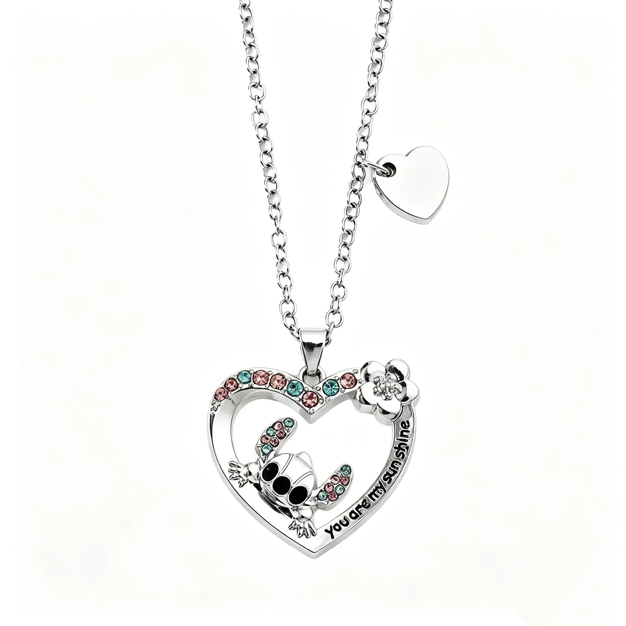 Disney Stitch Heart Cut-Out Pendant Necklace - Unisex Silver-Tone Chain Fantasy Character Jewelry with Stitch Motif for Casual Daily Wear, Heart Pendant Necklace, Unisex Daily Wear, Cut-Out Design, Chain & Link, Statement Necklaces, Cartoon Graphic Neckla