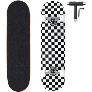 31x8 Inch Pro Complete Skateboard, 7 Layer Canadian Maple Wood Double Kick Concave Skate Boards, Tricks Skateboards for Youths, Beginners, Girls, Boys, Kids, Teens, Adults (Black, White)