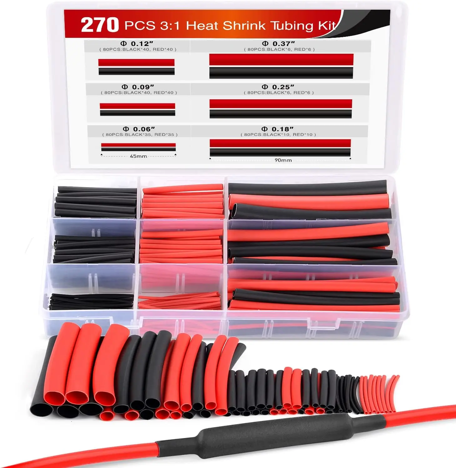 Nilight 270pcs 3:1 Dual Wall Adhesive Heat Shrink Tubing Assorted Pack - 6 Sizes (1/16in, 3/32in, 1/8in, 3/16in, 1/4in, 1 missing size), Flame-Proof Heat-Resistant Wire Insulation Cable Sleeve Kit for Workshop, Storage Box, 2-Year Warranty, 3:1 Heat Shrin