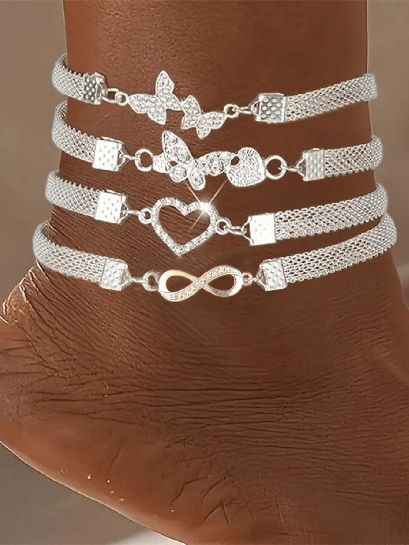 Boho Style Heart & Butterfly Design Anklet, Layered Anklet, Fashionable Rhinestone Decor Anklet for Women & Girls, Elegant All-match Fashion Accessories for Daily Wear, Trendy Jewelry, Foot Jewelry