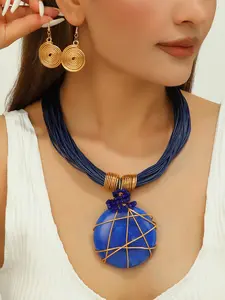 2-piece set of fashionable multi-layer wax wire metal wire wrapped imitation gemstone pendant necklace earrings set retro embellishment necklace earrings
