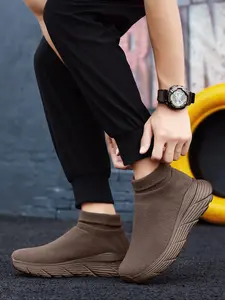 Men's Solid Color Slip on High Top Sneakers, Casual Comfortable Sports Running Shoes, Warm Sneakers for Fall & Winter, Sporty Running Shoes