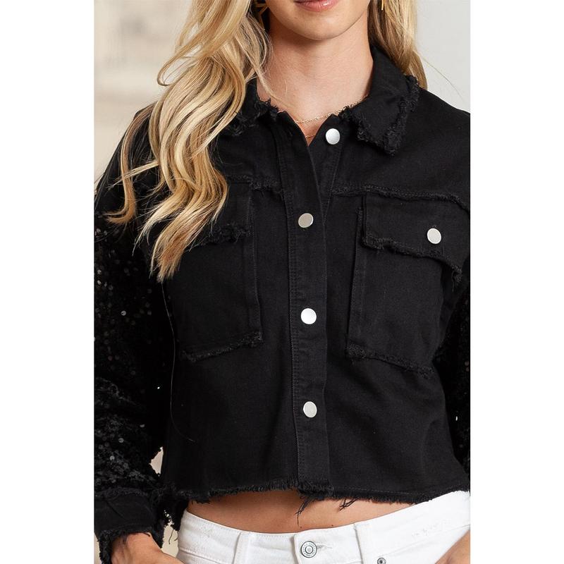 Black Sequin Sleeve Pocketed Raw Hem Denim Jacket Black Sequin Sleeve Pocketed Raw Hem Denim Jacket