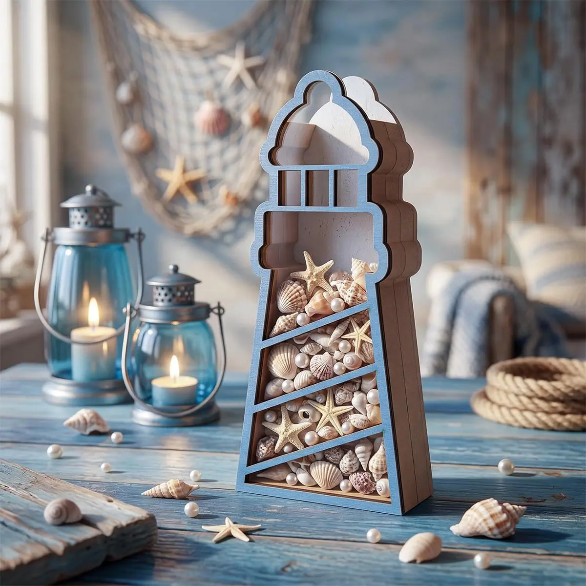 Retro Wooden Lighthouse-Wave Shaped Storage Box with Compartments, Coastal Nautical Desktop Decor, Shell & Jewelry Organizer for Small Trinkets