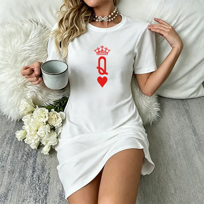 Women's Streetwear Mini Dress, Queen of Hearts Graphic, Lightweight Short Sleeve with Loose Fit and Round Neck, Spandex, T-Shirt, Oversized, Crew Neck, Going Out, Breathable, Casual, Fabric, 300G, Above Knee, Shortsleeve, Breathable Fabric