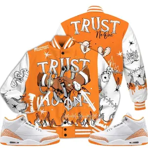 3 White Orange Peel Varsity Jacket, Orange Citrus 3s Outfit Tattoo Trust No One Shirts To Match Sneaker Streetwear