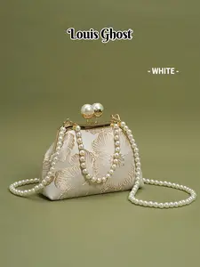 Elegant Embroidered Clutch Bag for Women, Vintage Evening Bag with Pearl Chain and Ginkgo Pattern, Perfect for Weddings and Parties