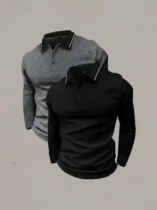 2 Pack Men's Long Sleeve Classic Casual Collared Polo Shirt Set, Striped Button Front Design, Fitted Casual Wear for Spring & Fall, Outdoor Sports & Business