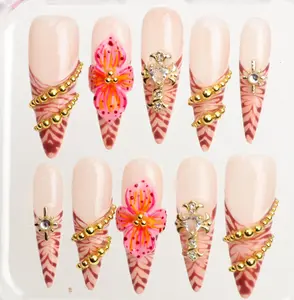 Hand Painted Cheetah Stiletto Press On Nails with 3D Flowers