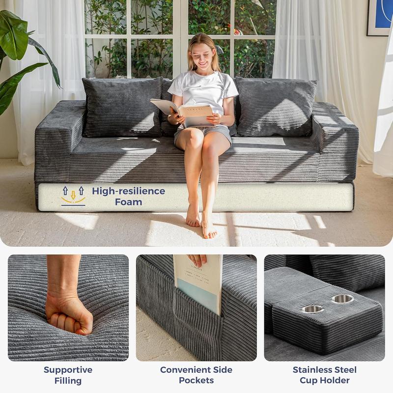 MAXYOYO Sofa Bed, 4 in 1 Foldable Floor Sofa Couch in A Box with 2 Cup Holders, Convertible 3 Seater Boneless Couch Folding Recliner Sleeper Chair for Living Room, No Assembly Required