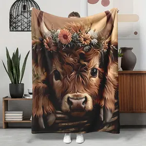 Highland Cow Flower Crown Flannel Blanket, Cute Farm Animal Daisy Soft Throw, Cozy Warm Cottagecore Gift for Her Women, Rustic Home Decor for Couch Sofa Bed, AC Room Summer Blanket, Birthday Christmas Gift for Cow Lovers