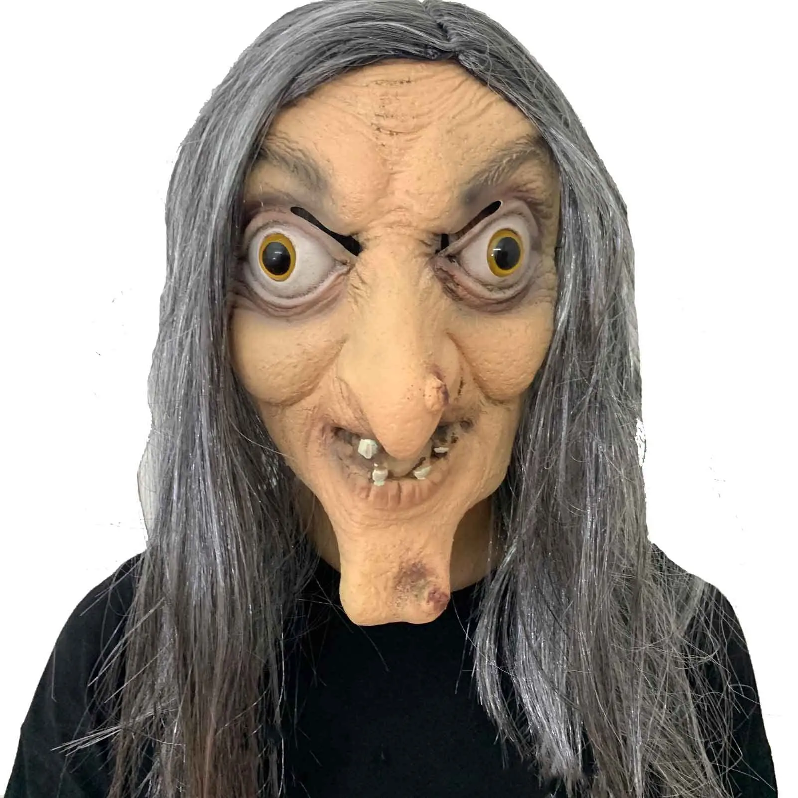 Halloween Witch Mask – Devil with Long Hair, Evil Latex Realistic Face Costume, Old Lady/Man Design, Creepy Scary Cosplay Mask for Adults