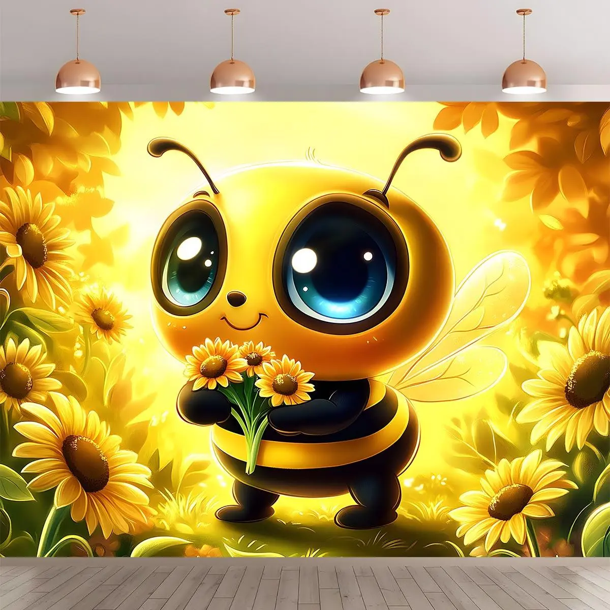 Sunflower Themed Party Banner - 1 Count Polyester Bees & Flowers Pattern Backdrop, Birthday Wall Hanging Decor, Various Sizes Home Festive Supplies Prop