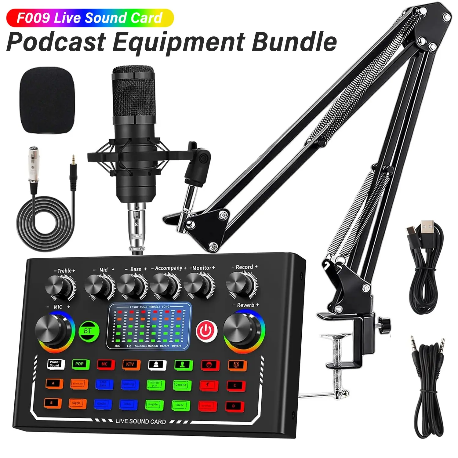 Live Streaming Audio Interface, Live Digital Sound Card, Podcast Equipment Set with Microphone, Dj Mixer Effects, Voice Changer, Plug-And-Play, USB Audio Interface for Streaming, Recording, Gaming, Sound Card Kit