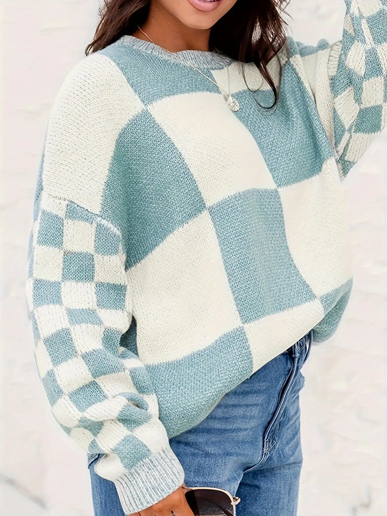 Plus Vintage Plaid Print Drop Shoulder Sweater, Casual Long Sleeve Round Neck Jumper for Fall & Winter, Women's Plus Size Knitwear for Daily Wear