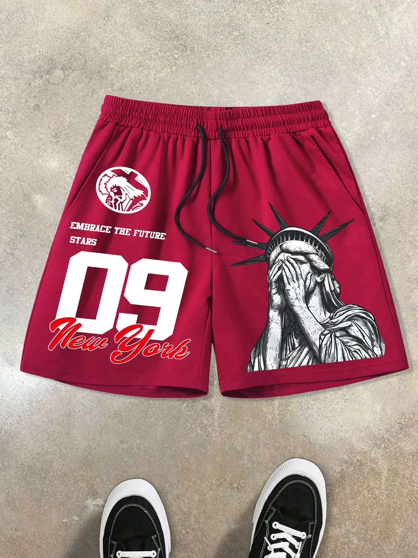 Street Style in New York, Street Appeal No.09 patterned, Graphic shorts with a fun Statue of Liberty print, soft elastic waistband, and comfortable Stretchy summer streetwear shorts. Embrace the future and stand out in Y2K aesthetics | TikTok Hot Pick