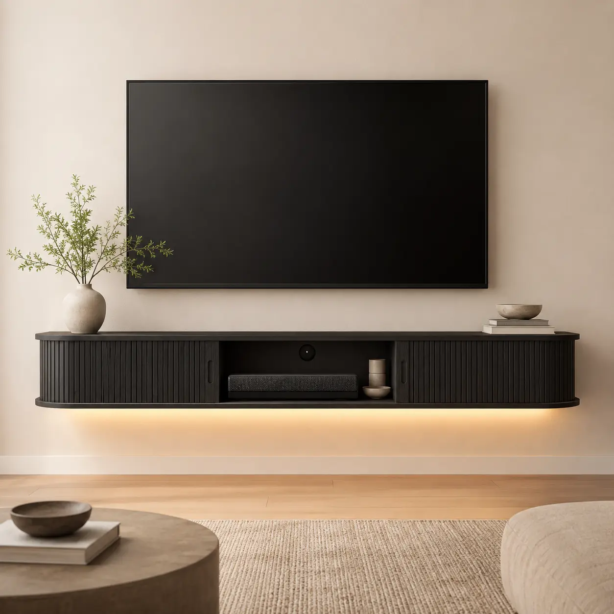 63" Black Floating TV Stand, Fluted Tambour Doors, App RGB LED Lights | Smooth sliding panels Music-sync effects Smartphone color tuning Dimmable scenes Cable management 99-lb load capacity