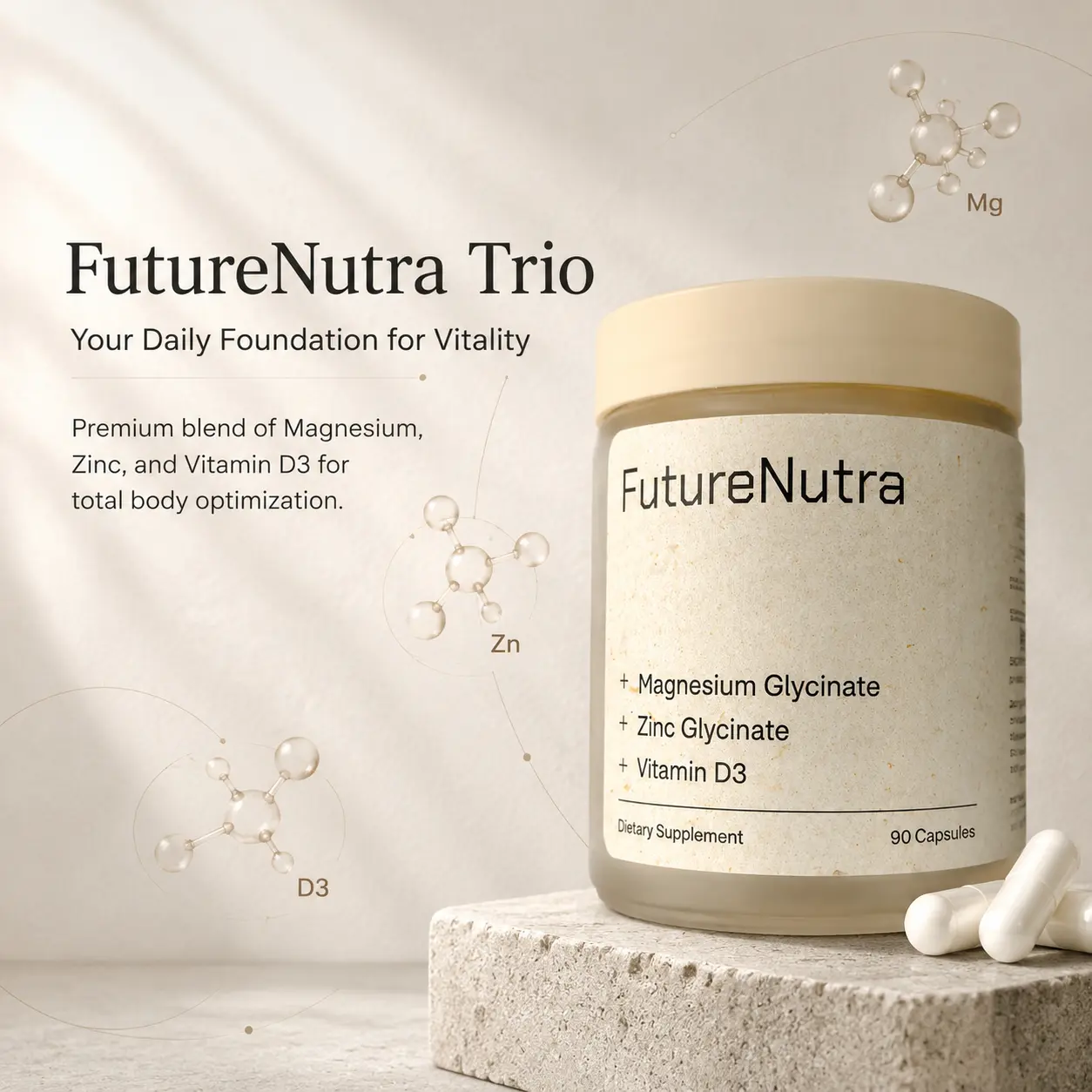 Future Nutra Magnesium Glycinate Capsules with Vitamin D3 & Zinc Glycinate, Sleep Support, Immune & Bone Health Wellness Supplement, 90 Vegan Capsules