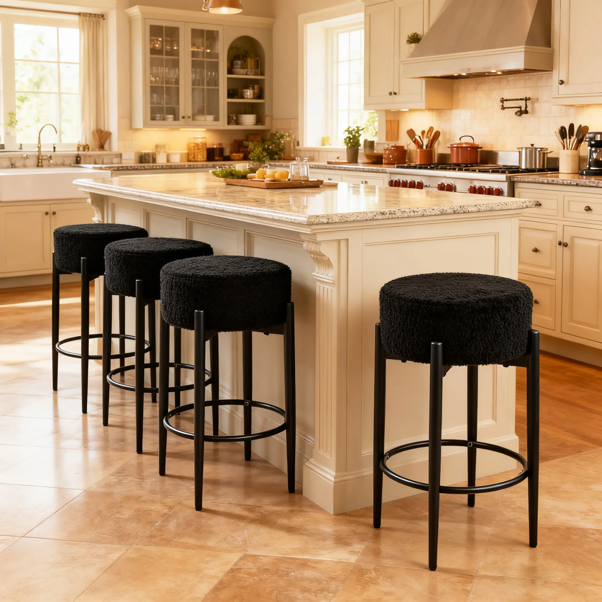 Boucle Upholstered Counter Chairs (2-Piece Set) - 24" Height Backless Stools with Foot Rest & Leg Leveler, Assembly Required Indoor Furniture Ideal for Kitchen Counters & Home Bar, White