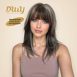 Ember -DWY Mid-length Stright Grey Black with Highlights and Bangs Glueless Synthetic Wig for Women 18 Inches,summerhairstyles