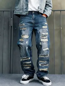 Men's Vintage Washed Denim Jeans, Cat Must Ripped Jeans, American Style Trendy Heavyweight Loose Straight Casual Pants