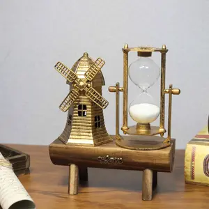 Vintage Windmill Timepiece Figurine, Decorative Glass Timer with Wooden Base for Home Decor, Living Room, Desk Ornament, Gift - No Electricity Needed, Indoor Use, Fits Various Room Types