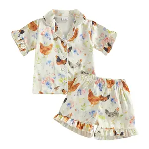 Toddler Baby Girls Pajamas Set Farm Chicken Floral Short Sleeve Ruffle Trim Button Down Shirt Tops and Shorts Satin Silk Country Sleepwear