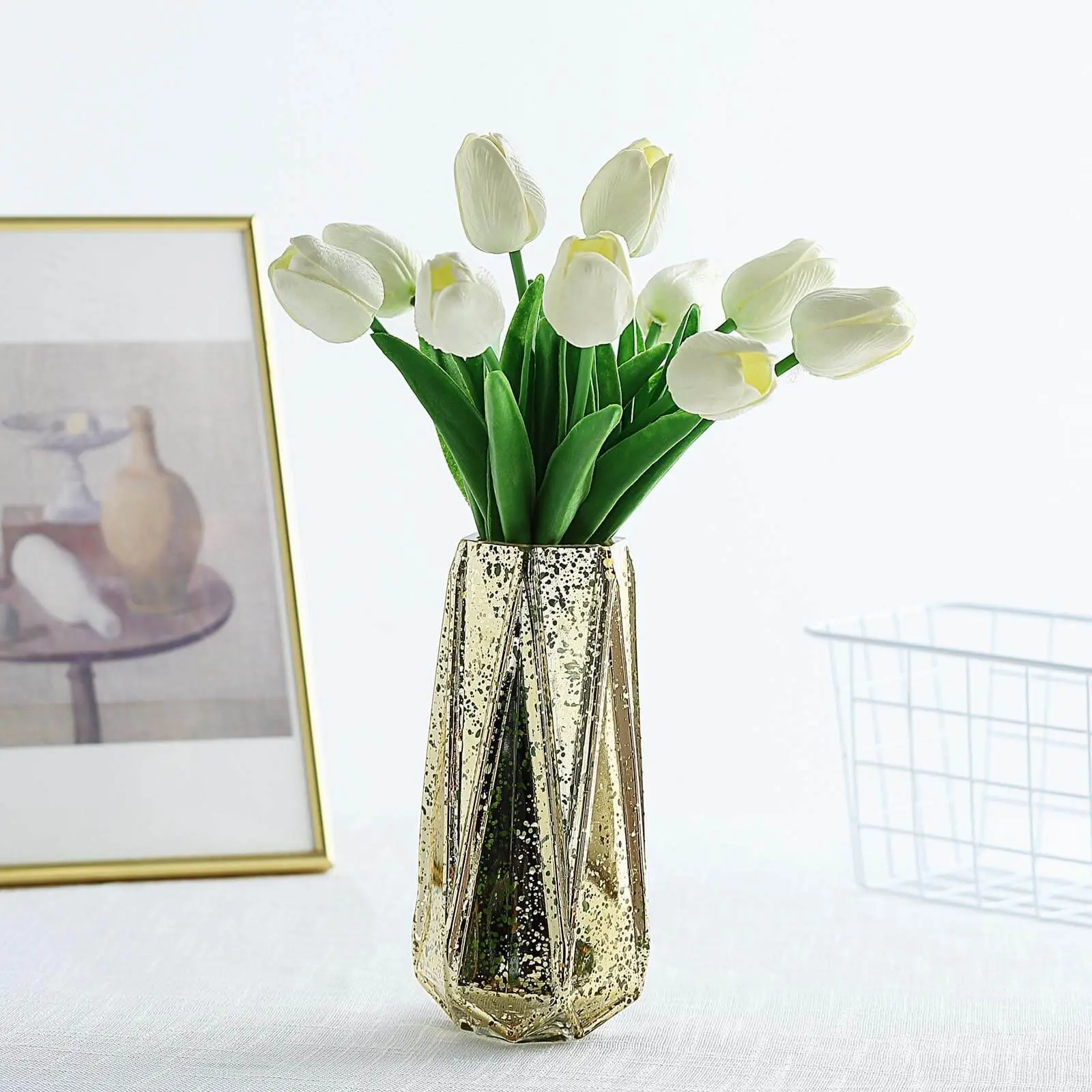 10-Stem 13" White Real Touch Lifelike Artificial Tulips Bouquet, Faux Floral & Floral Arrangement Decor for Home Supplies, Faux Floral Artificial Flowers