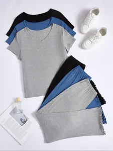 Women's Solid Ribbed Fitted Pyjama Set, Casual Comfy Breathable Short Sleeve V Neck Tee & Elastic Waist Lettuce Trim Shorts PJ Set, Ladies Sleepwear & Loungewear for All Seasons, Pajamas