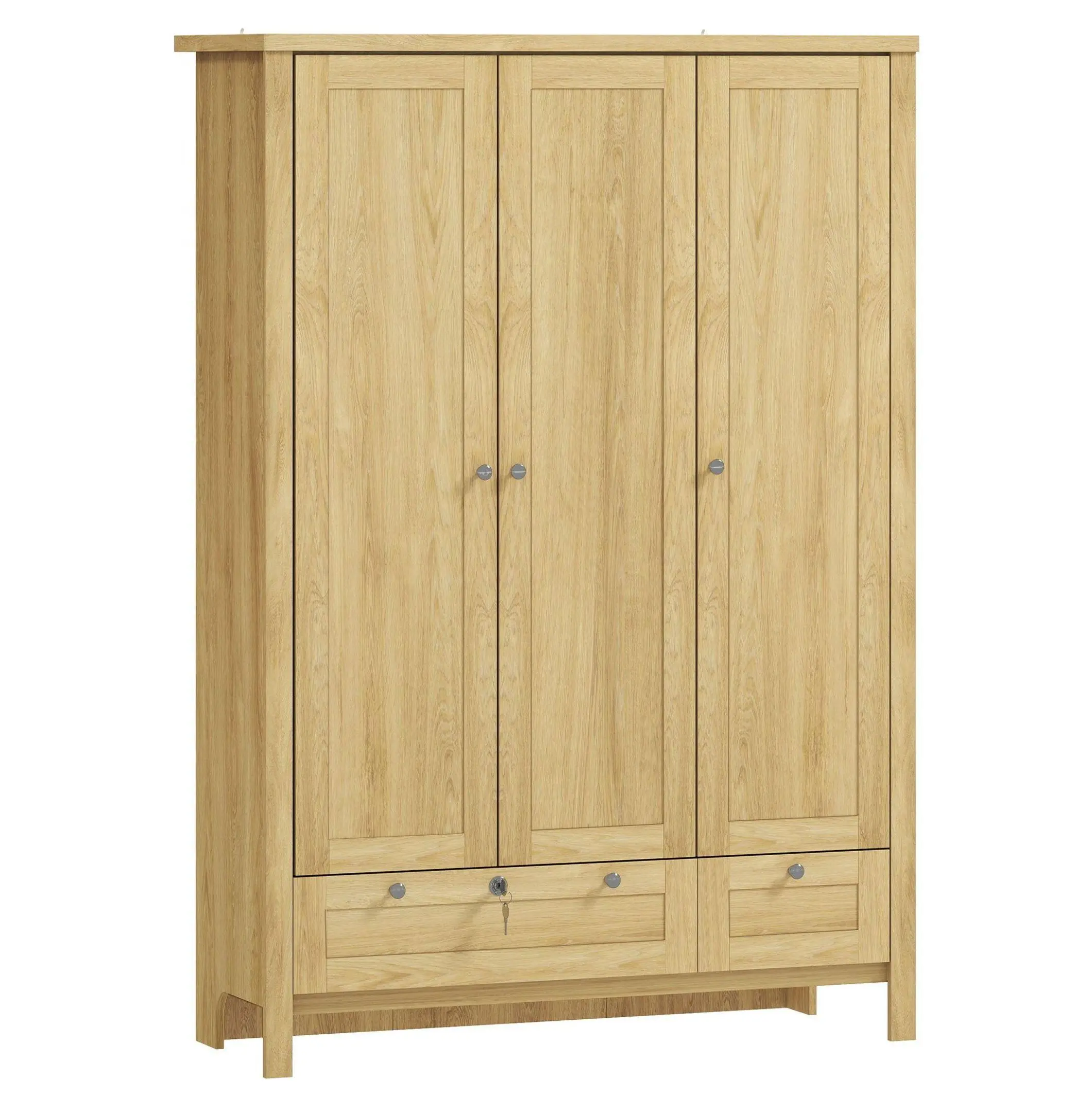 Wardrobe Closet 3 Doors, Bedroom Armoire with 2 Drawers & Lock, Natural Wood Finish, Hanging Rod, Storage Shelves, 68.5"H Default Title