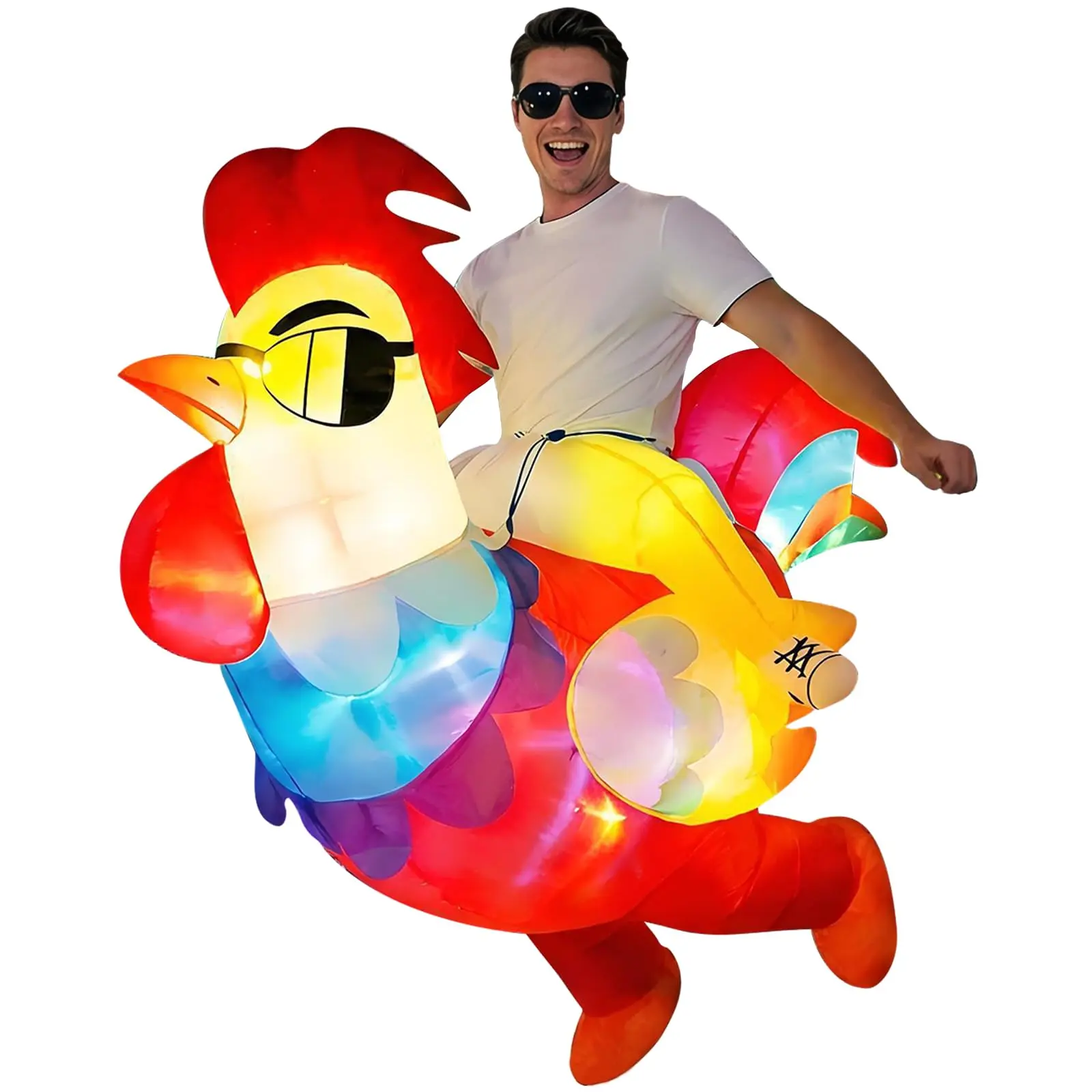 Inflatable Chicken Costume for Adults with LED Lights, Blow Up Ride-On Rooster Costume for Halloween Christmas Party, Funny Costume for Men & Women