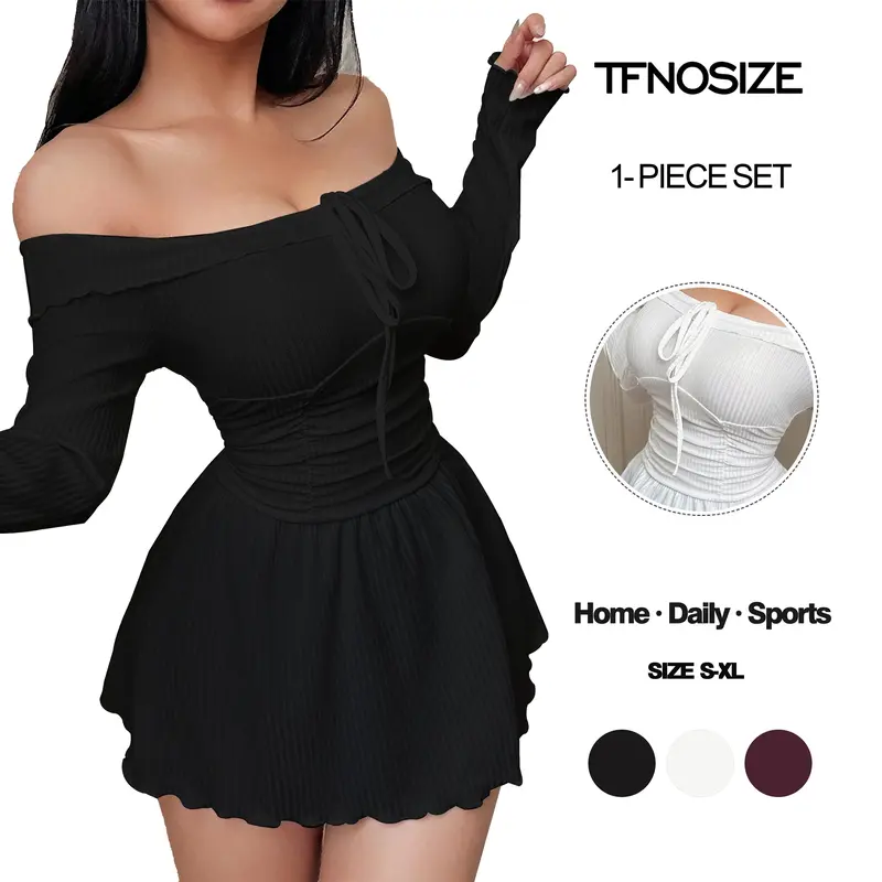 TFNOSIZE Women's Off-Shoulder Drawstring Dress – Ruched Waist A-Line Mini Dress, Elegant Casual Style
